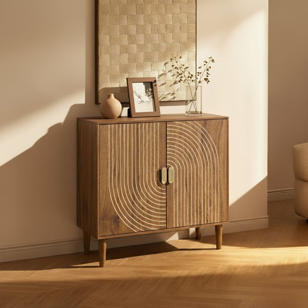 Walnut Wood Buffet Cabinet with Line Groove Design,Sideboard Buffet Cabinet With Storage