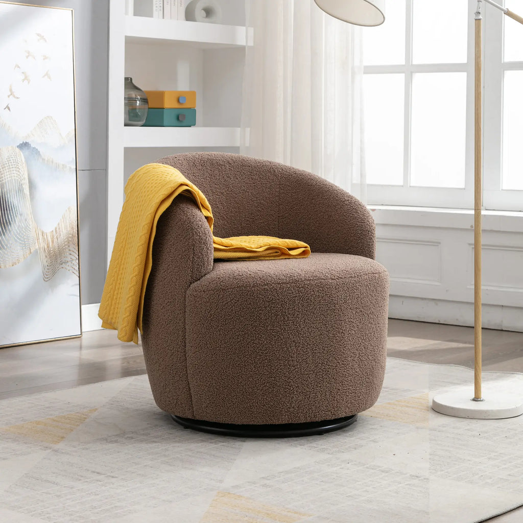 Teddy Fabric Swivel Accent Armchair Barrel Chair With Black Powder Coating Metal Ring,Coffee Brown