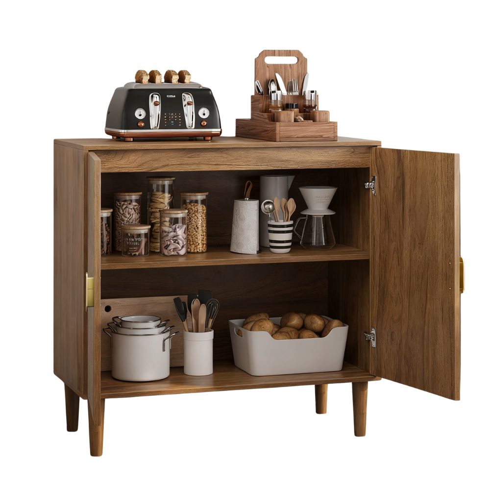 Walnut Wood Buffet Cabinet with Line Groove Design,Sideboard Buffet Cabinet With Storage